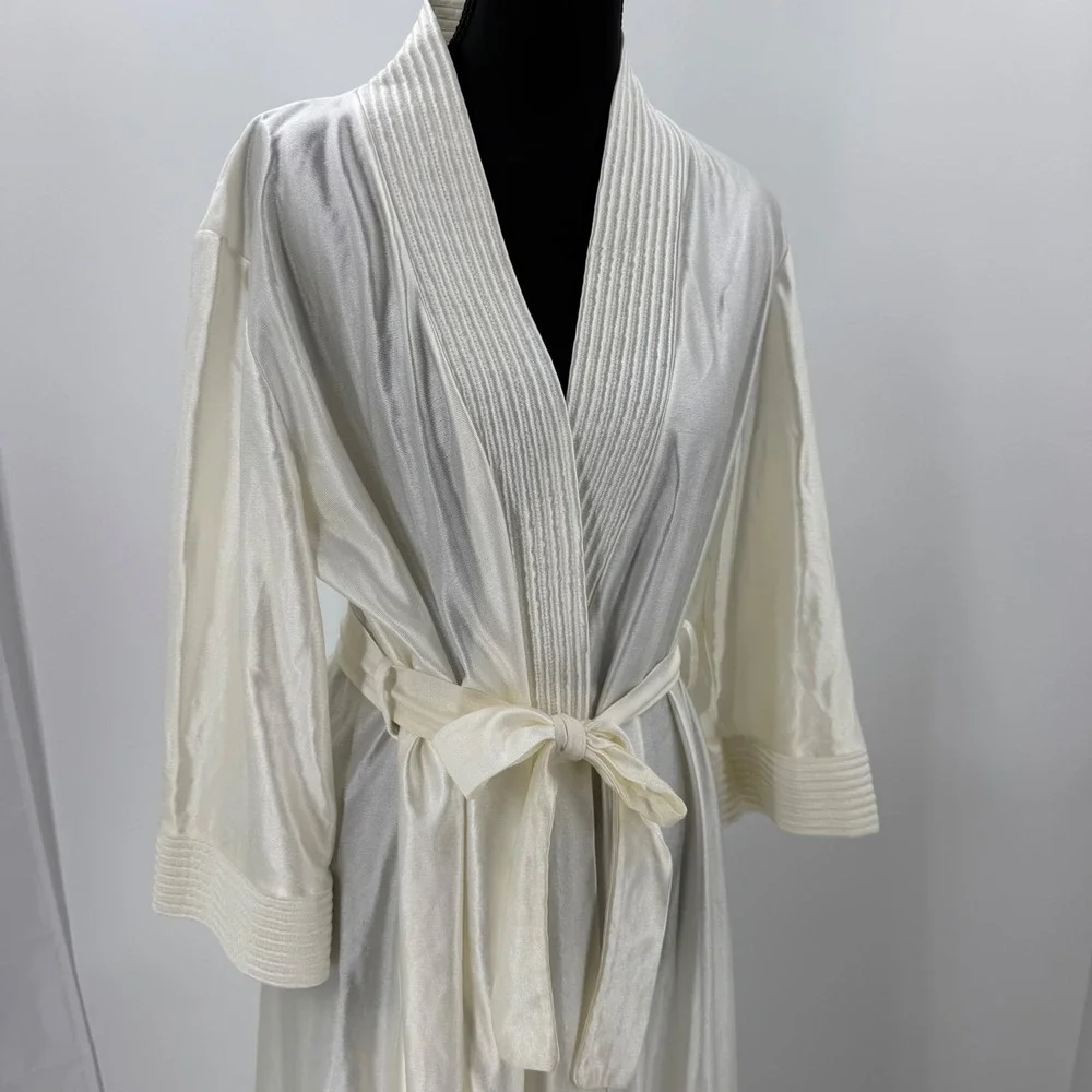 Vintage Montgomery Ward Ivory Satin Robe Long Peignoir Belted Bridal Lingerie